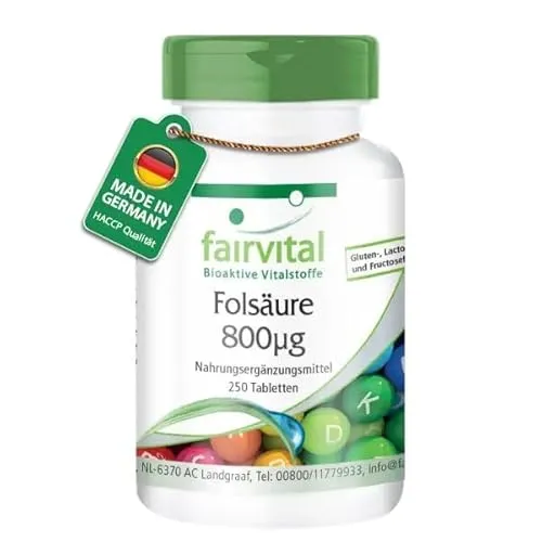 Fairvital | Folsäure 800µg - 250 Tabletten - Für Kinderwunsch - Schwangerschaft & Stillzeit - VEGAN - Hochdosiertes Vitamin B9