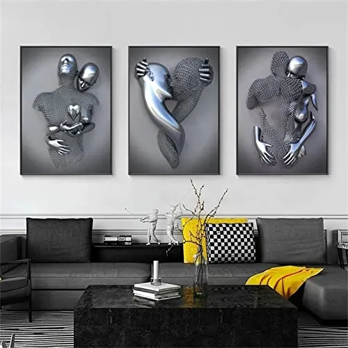 SWECOMZE 3er Kunst Modern Poster Set - 3D Metallfigur Statue Kunst Liebe Herz Kuss Bilder Wandkunst Deko - Ohne Rahmen - Wanddeko Wand Wohnzimmer Wanddekoration Deko (A,40X50cm)