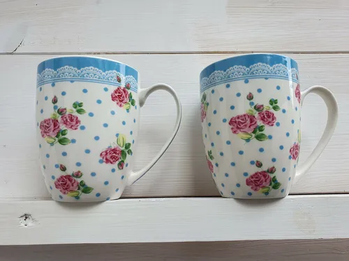Tassen Set 2 Teebecher Kaffeebecher Rosen Hellblau Porzellan  Vintage 10 cm