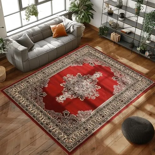 Carpettex Kurzflor Teppich Orientalisch Läufer Wohnzimmer Teppich Klassisch Optik Rot 80 x 150 cm - Orientteppich Vintage Schlafzimmer Weich Waschbar Küchenläufer Flur