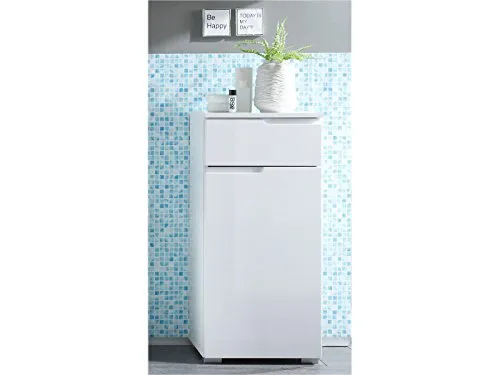 Stylischer Unterschrank Badschrank Suzette I - Unterschrank fürs Bad mit 1 Tür und 1 Schubkasten, in elegantem Weiß-Hochglanz. Perfekt für platzsparende Aufbewahrung und modernes Bad-Design.