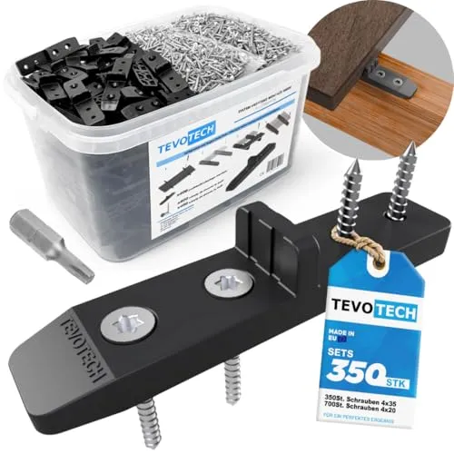 TEVOTECH Terrassenverbinder Set (350 Stück) mit Edelstahlschrauben – Unsichtbare Befestigung für Holz-Terrassendielen - Hochwertiges Terrassenverbinder Set für eine langlebige und stilvolle Befestigung. Mit korrosionsbeständigen Materialien und einfacher Montage für optimalen Schutz Ihrer Terrasse.