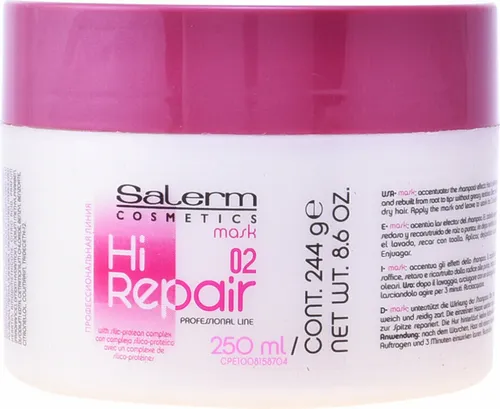 Salerm Cosmetics Hi Repair Maske 250 ML - Intensivpflege für geschädigtes Haar - Shampoos & Spülungen, repariert und revitalisiert geschädigtes Haar, für eine gesunde und glänzende Haarpracht.