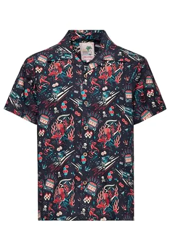 King Kerosin Herren Hawaii Hemd - Vintage Rockabilly Style - Hochwertiges Hawaiihemd mit Rockabilly-Print und Reverskragen. Angenehmer Regular Fit aus Bio-Baumwolle für besten Tragekomfort. Ideal für den lässigen Vegas-Look im Alltag oder auf der Bühne.