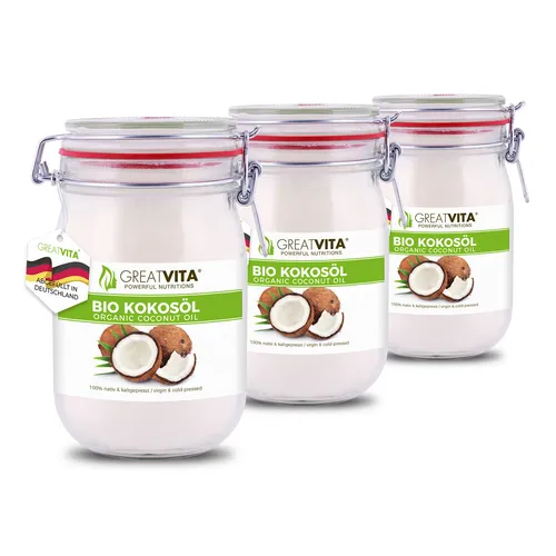 GreatVita Bio Kokosöl 3000ml, nativ & kaltgepresst Bügelglas zum Kochen & Backen