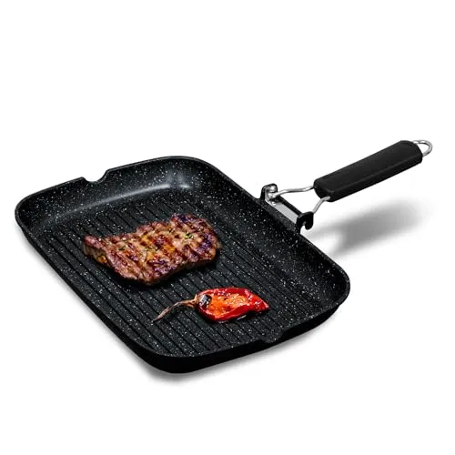briebe Black Titanium Grillpfanne 34 x 24 cm - Induktionsgeeignete Grillpfanne mit innovativer Titan-Antihaftbeschichtung, PFOA-frei und klappbarem Griff für platzsparende Aufbewahrung.