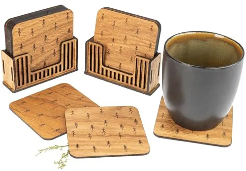 Glas Untersetzer 6er Set aus Eiche mit Wald Motiv – Runde Holz Untersetzer geölt – Natur Tischuntersetzer für Gläser & Tassen – Handgefertigt