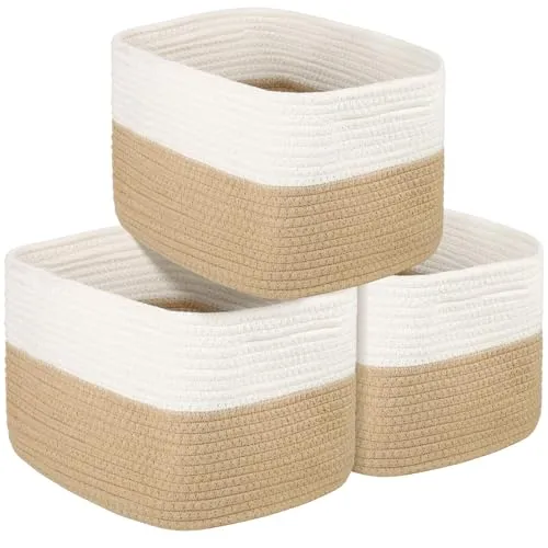Aevcvok Aufbewahrungskorb 3er Set,Aufbewahrungskorb aus Baumwolle,Organizer Körbe,Korb aus Baumwollseil,Großer Baumwollkorb Wäschekorb,Spielzeugkorb,Regalkörbe für Bad,Wohnzimmer, 36x25x22cm,Jute&Weiß