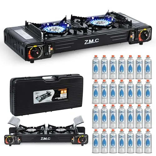 Z.M.C Premium Camping Gaskocher 2-flammig + 28 Gaskartuschen 227g, Campingkocher mit Transportkoffer für Outdoor und Innenraum, Balkon Kocher, Doppelgaskocher mit Piezozündung
