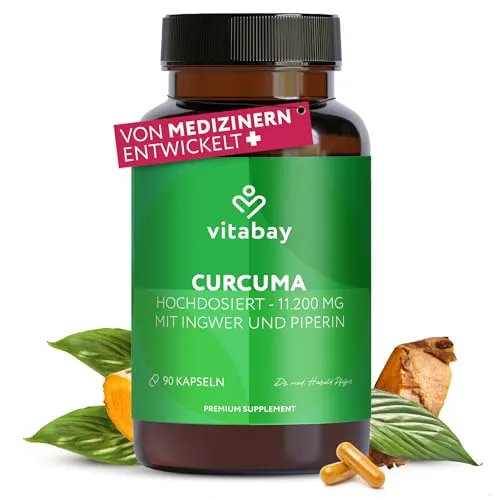 Vitabay Kurkuma Kapseln hochdosiert – 90 Vegane Tabletten mit 500 mg Curcuma & Piperin – Kurkumin Extrakt – Curcumin Supplement – 1 Kapsel täglich
