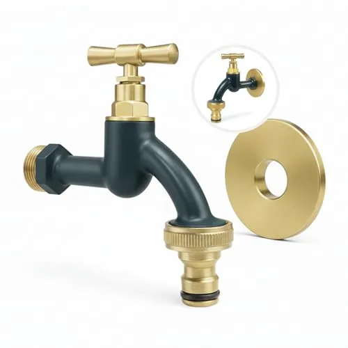 LIVLIG Premium Wasserhahn Garten – Frostsicherer Außenwasserhahn aus Messing - Hochwertiger Kaltwasserhahn aus massivem Messing mit edler Pulverbeschichtung. Ideal für stilvolle Gärten, rostfrei und wetterbeständig, inklusive Rosettengarnitur und Schlauchanschluss.