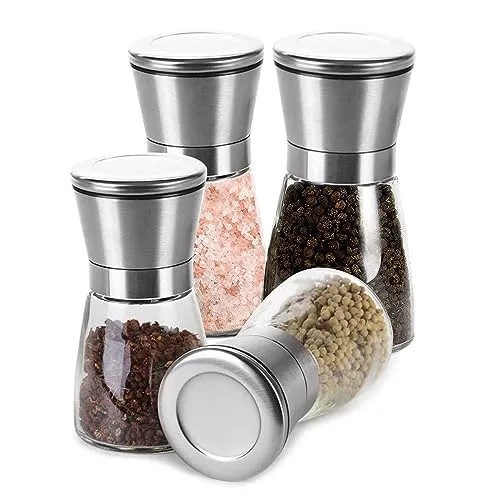 Lawei 4er-set Edelstahl Gewürzmühle Set 160ml Salz und Pfeffermühle mit Einstellbar Mahlwerk Chilimühle manueller Salz und Pfefferstreuer