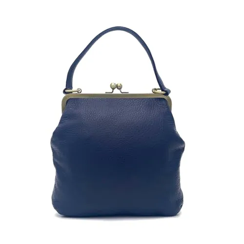 Taschenkinder Lederhandtasche mit Bügelverschluss – Modell Zoe, Henkeltasche und Schultertasche aus echtem Leder für Damen. (Navy)