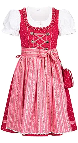 Nübler Kinderdirndl 3-TLG. Diana - Traditionelles Dirndl Set für Mädchen - Hochwertiges 3-teiliges Dirndl Set in Beere mit rosa Schürze und Bluse, ideal für festliche Anlässe. Verspielt und modisch, perfekt für kleine Wiesn-Prinzessinnen.