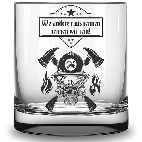 Glas mit Feuerwehr Spruch Wo andere raus rennen ... und Motiv Geschenk Freiwillige Feuerwehr Feuerwehrmann FFW Trinkglas Gravur 0,25l