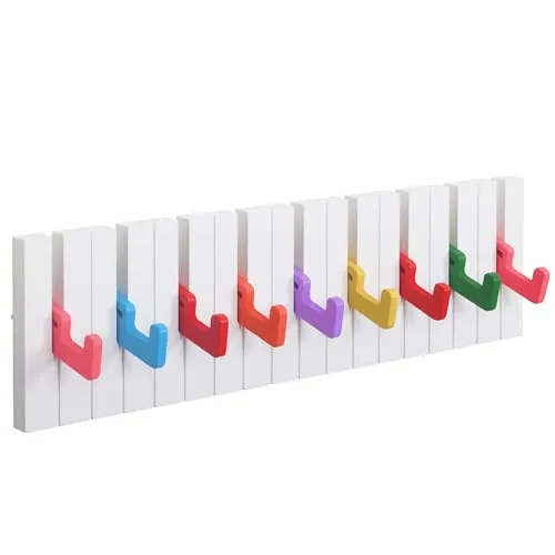 RICOO Garderobenhaken WM1885-L, Klavier Design - Wandgarderobe im bunten Klavier-Design mit 9 klappbaren Haken für Kinderzimmer, Flur und Küche. Robust, langlebig und ein dekoratives Highlight für die perfekte Organisation.