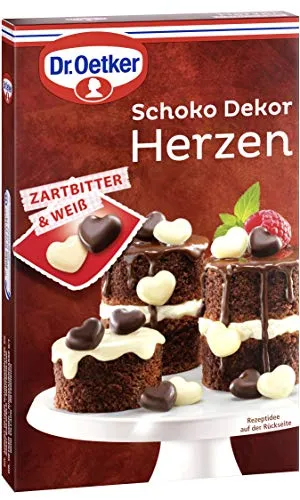 Dr. Oetker Schoko Dekor Herzen, 47 g, essbare Tortendekoration, zum Verzieren von Kuchen & Desserts, aus weißer und Zartbitter-Schokolade in Herzform
