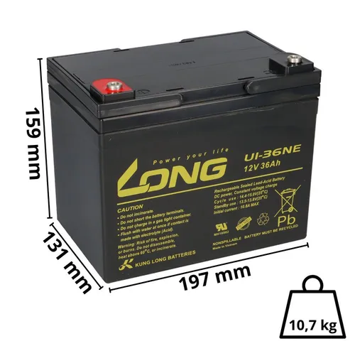 Kung Long Akku 12V 36Ah Pb Batterie Bleigel U1-36NE - Batterien & Akkus, zyklenfeste Bleigel-Batterie für zuverlässige Energieversorgung und lange Lebensdauer.