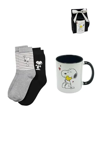 ONOMATO! Peanuts Geschenkset, Tasse und Socken 35-38 für Damen, kleine Geschenke für Frauen, Snoopy Teetasse oder Kaffeetasse mit Geschenkverpackung