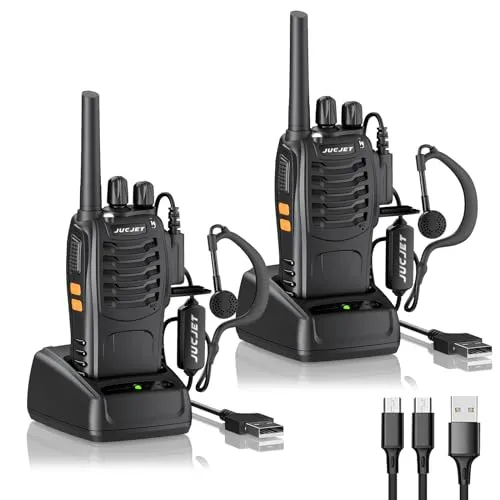 JUCJET 88E Walkie Talkie - Lizenzfrei mit LED Taschenlampe - Funkgeräte mit 16 Kanälen und bis zu 5 km Reichweite. Inklusive 2-in-1 Type-C Ladekabel und Headset für flexibles Kommunizieren. Ideal für Outdoor-Abenteuer oder Gruppenaktivitäten.