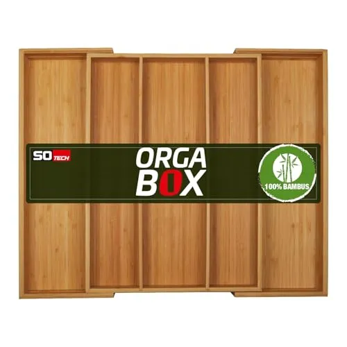 Orga-Box UNIVERSAL Besteckkasten aus Bambus - Verstellbar für Schubladen 500-600 mm - Besteckeinsatz aus nachhaltigem Bambus, verstellbar von 3 auf 5 Fächer für optimale Organisation in Küche, Büro oder Schlafzimmer.