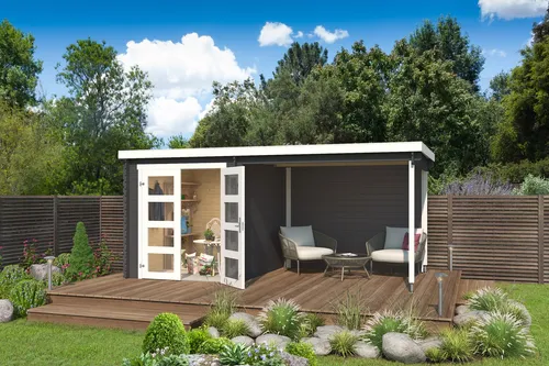 Gartenhaus Blockhaus Pultdach 28 mm Long Beach grau 492x250 cm - Gartenhaus mit 10.47 m² Nutzfläche, aus robustem Holz, abschließbar und ideal für die Aufbewahrung im Garten oder als gemütlicher Freisitz.