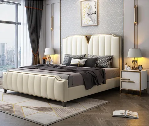 Luxus Doppelbett Beige für Schlafzimmer – Modernes Design - Elegantes Doppelbett mit Holzgestell in Beige, Maße: 205 x 190 x 140 cm. Ideal für stilvolle Schlafzimmer, bietet Komfort und ein modernes Ambiente.