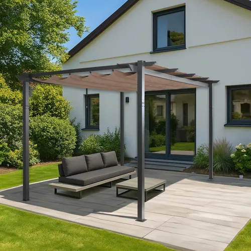 MCW Pergola N93, Taupe, Metall 400x240x300 cm - Pavillon mit stabilem 8 cm Gestell, UV50+ Lichtschutz und wasserdichtem Stoffbezug für optimalen Sonnenschutz und Wetterfestigkeit. Ideal für luxuriöse Entspannung im Garten!