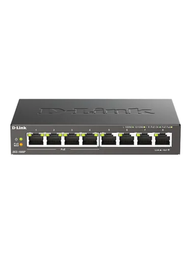 D-Link DGS-1008P - 8-Port Unmanaged PoE+ Gigabit Switch, 4 PoE-Anschlüsse mit 60W Kapazität, lüfterlos und ideal für effiziente Netzwerkinstallationen
