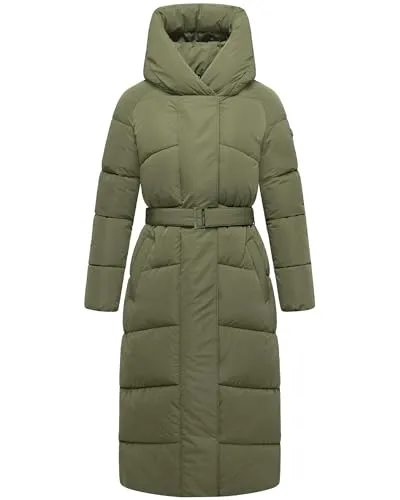 Navahoo Damen Extralanger Wintermantel warmer Steppmantel mit Taillengürtel Eisblick 14 Olive Leaf Gr. S