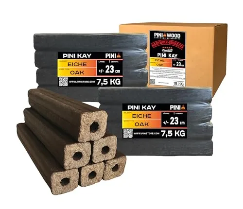 PINI Kay Eichenholzbriketts 23 cm lang viereckig mit Zugloch 15 kg Hartholzbriketts Brennholz Holzbriketts Eiche Kamin Ofen Feuerstelle Grill