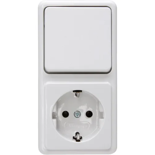 Kopp STANDARD Aufputz – Aus-/Wechselschalter-Steckdosenkombination in Arktisweiß - Praktische Aufputz-Kombination aus Universalschalter und Steckdose, ideal für den täglichen Einsatz. Arktisweiß mit Schutzart IP20 für vielseitige Anwendungen.