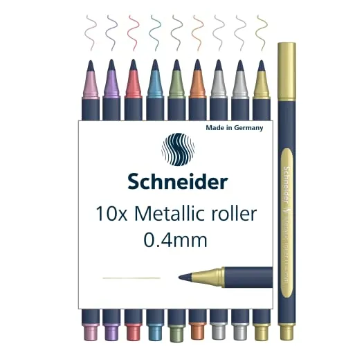 Schneider Paint-It Metallic Rollerball 050 (Strichstärke 0,4 mm, hochmetallische Tinte, schnelltrocknend, Gehäuse aus 88% biobasiertem Kunststoff) 10 Stück sortiert