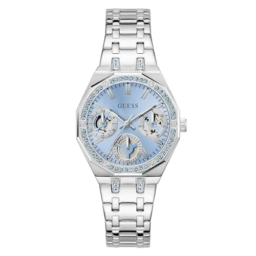 GUESS Damen Uhr Quinn GW1009L1 Edelstahl Silber - Elegante Armbanduhr für Damen von Guess, Modell QUINN mit funkelnden Steinchen und blauem Zifferblatt. Perfekt als Geschenk in einer stilvollen Box.