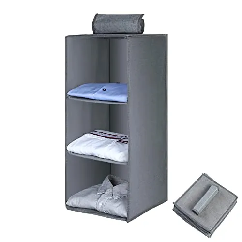 AiQInu Hängeregal Kleiderschrank,Hängeaufbewahrung Schrank Organizer mit 3 Fächern,Faltbar Platzsparend Stabiler Hängeorganizer mit Bambus-Stock Verstärkt Aufbewahrungssystem für Kleiderschränke