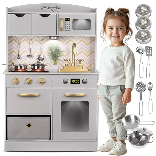 Green series Kinderküche - Spielküche Holz mit Licht und Geräuschen, ideal für kreatives Spielen und Ordnung im Kinderzimmer