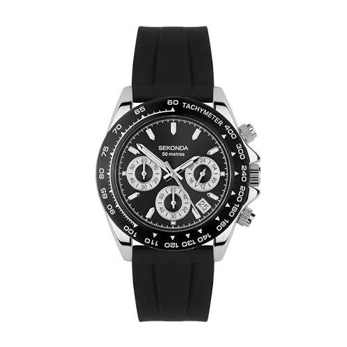 Sekonda Classic Circuit Herren-Chronograph, 43 mm, analog, Datumsanzeige, Edelstahlarmband, Schwarz, Schwarz, Silber, Armband