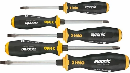 Felo Schraubendreher-Satz 45095248 ERGONIC, 5-teilig - Schraubenzieher-Satz ERGONIC 5-teilig mit ergonomischem Griff für optimalen Halt und reduzierte Kraftanstrengung. Ideal für präzise Arbeiten dank spezieller Legierung und Black-Tip Technologie.