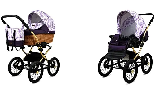 BabyLux ALU 2in1 Kinderwagen für Kleinkinder – Kinderwagen für Neugeborene und Kleinkinder – Baby Neugeborenen Kinderwagen – 59x105x125cm – Max. 15kg – Lilac Flowers Gold Frame