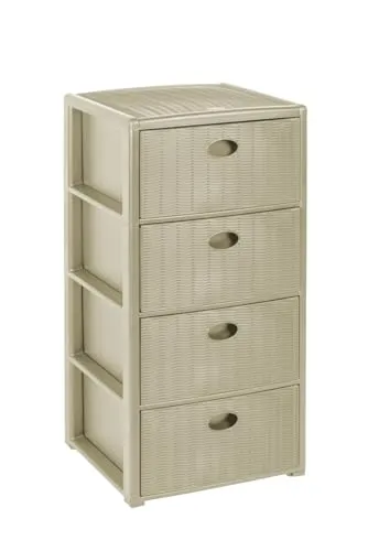 Rollbarer Schubladenschrank aus Kunststoff in Rattan-Optik mit 4 Schubladen. Maße: 40x40x81 cm (Kaschmir Beige)