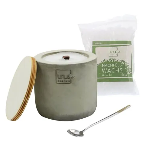 UNUS Beton-Feuer Outdoor Beton Kerze Zylinder, 100g Nachfüllwachs, Löschbrett und Löffel zum Nachfüllen, Tischkamin mit Dauerdocht, Tischfeuer Recycling Kerzenwachs