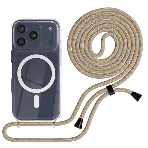 EAZY CASE - Handykette kompatibel mit iPhone 17 Pro Kette zum Umhängen Stoßfest Handyhülle für iPhone 17 Pro Silikon Hülle mit Band Handytasche Transparent als Fallschutz in Taupe - Clips Schwarz