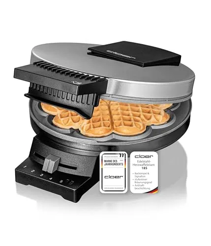 Cloer 185 Waffeleisen für eine Herzwaffel, 930 W, Waffelgröße 16 cm, schwere Backplatten, optische und akustische Fertigmeldung, Edelstahlgehäuse, Edelstahl, Chrom