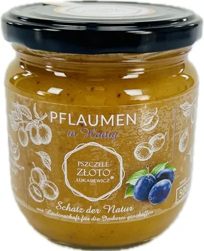 Honig mit Pflaume 500 g - 0.5 kg - Großes Glas - Bienenhonig - Europäischer Naturhonig - Hergestellt in der EU - Zum Süßen - Zuckerersatz - Für Backwaren