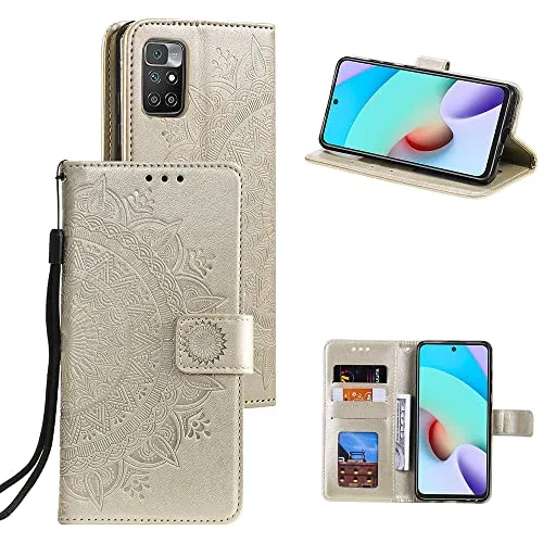 CoverKingz Handy Case kompatibel mit Xiaomi Redmi 10 / Redmi 10 Prime - Handy Cover mit Kartenfach Phonecase - Smartphone Hülle klappbar Motiv Mandala Gold