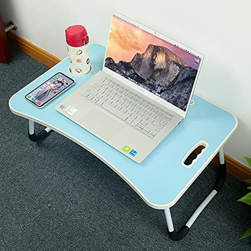 Verstellbarer Laptop-Betttisch, faltbarer Schreibtisch mit Getränkehalter, rutschfestes Kissen, Tischtablett, keine Montage erforderlich, Größe 26,9 cm H / 59,9 cm L (blau)