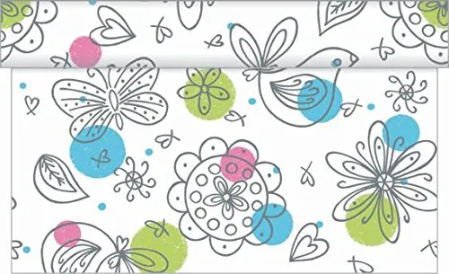 Sovie HOME Tischläufer Petra aus Linclass Airlaid, 40cm x 4,80m, 1 Stück, alle 30cm perforiert, Verspieltes Design mit Blüten und Schmetterlingen in Türkis Violett Grau, Einweg-Tischläufer für Events