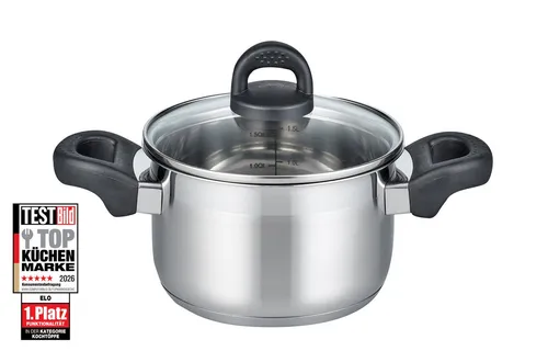 ELO 12215 Fleischtopf m.GD 14 cm Serie Turmalin - Hochwertiger Kochtopf aus Edelstahl mit integriertem Öl-Dosiersystem für gesundes Garen, rutschfesten Griff und für alle Herdarten, auch Induktion, geeignet.