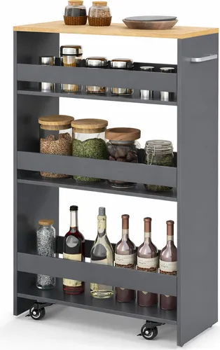 COSTWAY Nischenwagen 25cm breit, 4 Etagen Küchenwagen schmal, Nischenregal auf Rollen, Servierwagen mit Griff & Geländern, Badregal Holz, Grau