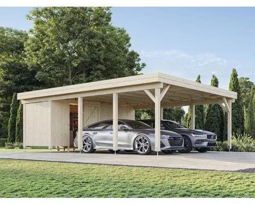 Doppelcarport Palmako Karl 40,6 m² mit Geräteraum - Robuster Flachdach-Carport aus hochwertigem Holz, ideal für den Schutz von Fahrzeugen und als zusätzlicher Stauraum im Garten.